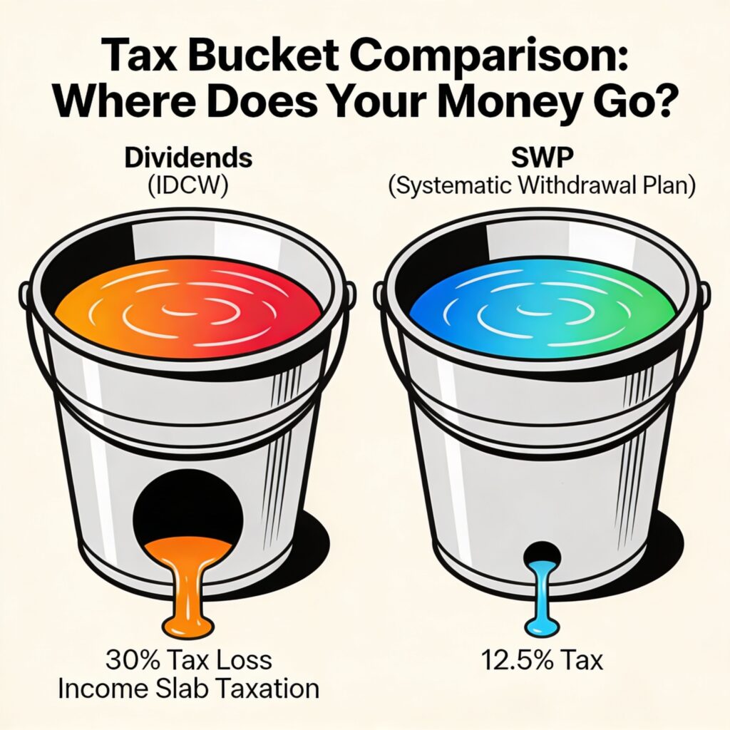 Visual comparison of tax drainage between dividend income and SWP withdrawals